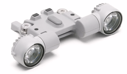 Angled side and front view of the drone spotlight module on a white background, highlighting its powerful lens and sleek, streamlined design for enhanced wildlife tracking and deer recovery operations.