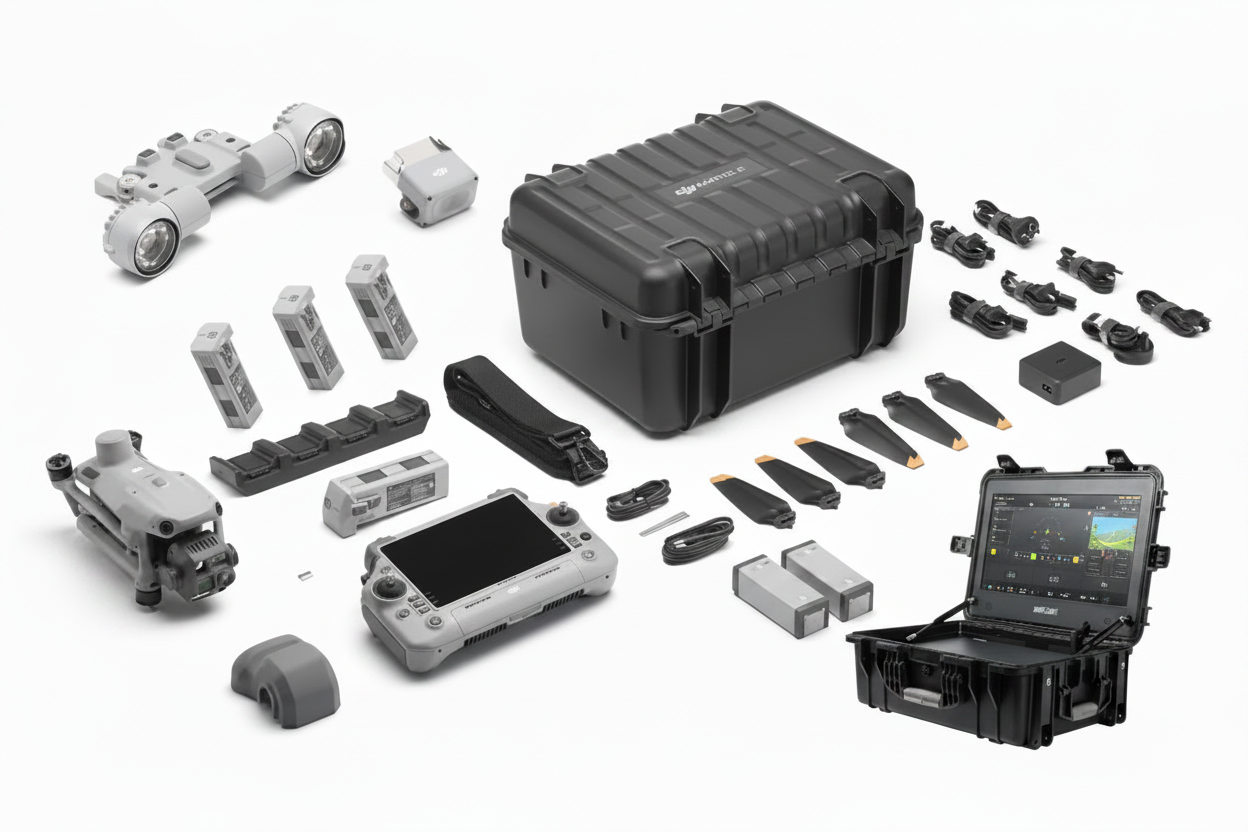 DJI Matrice 4T Wildlife & Deer Recovery Bundle displayed with drone, remote controller, high-resolution monitor, speaker, spotlight module, multiple TB-series Intelligent Batteries, Intelligent Battery Charging Station, rugged carrying case, propeller sets, and strobe/beacon light, optimized for wildlife tracking and animal recovery operations.