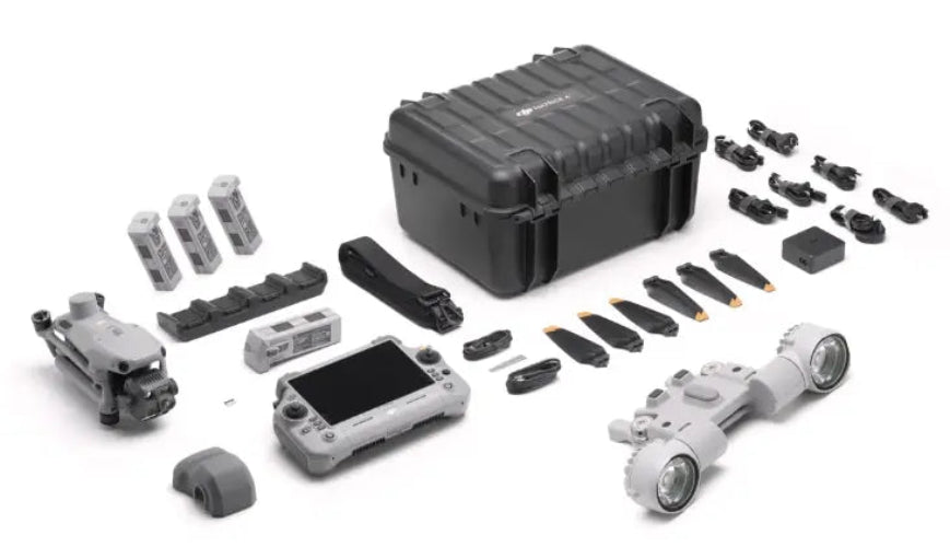DJI Matrice 4T deer recovery kit laid out showing drone controller four batteries hard case propellers spotlight module and all included accessories