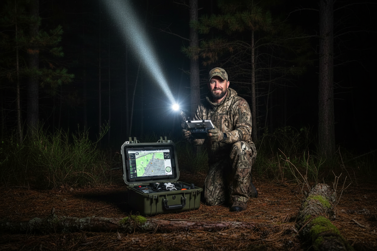 Hunter with controller and hard case at night