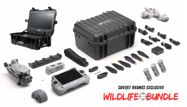 DJI Matrice 4T Wildlife & Deer Recovery Bundle displayed with drone, remote controller, high-resolution monitor, multiple TB-series Intelligent Batteries, Intelligent Battery Charging Station, rugged carrying case, propeller sets, and strobe/beacon light, optimized for wildlife tracking and animal recovery operations.