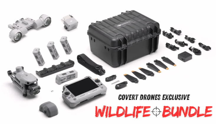 DJI Matrice 4T Wildlife & Deer Recovery Bundle displayed with drone, remote controller, speaker, spotlight module, multiple TB-series Intelligent Batteries, Intelligent Battery Charging Station, rugged carrying case, propeller sets, and strobe/beacon light, designed for wildlife tracking and animal recovery missions.