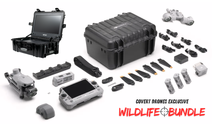 DJI Matrice 4T Wildlife & Deer Recovery Bundle displayed with drone, remote controller, high-resolution monitor, speaker, spotlight module, multiple TB-series Intelligent Batteries, Intelligent Battery Charging Station, rugged carrying case, propeller sets, and strobe/beacon light, optimized for wildlife tracking and animal recovery operations.