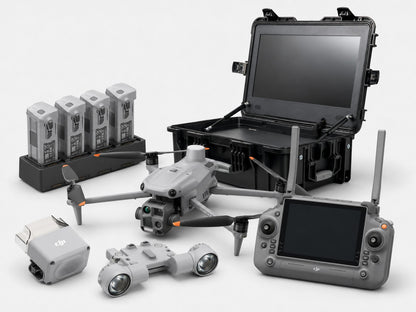 DJI Matrice 4T thermal drone bundle with spotlight, speaker, rugged monitor case, remote controller, four batteries, and charging hub.