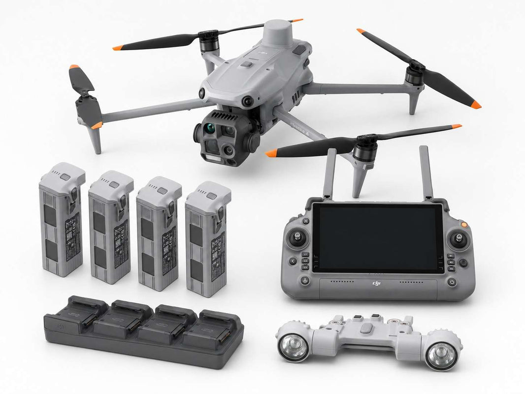 DJI Matrice 4T thermal drone spotlight bundle with remote controller, four batteries, charging hub, and dual-light spotlight accessory.