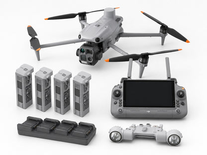 DJI Matrice 4T thermal drone spotlight bundle with remote controller, four batteries, charging hub, and dual-light spotlight accessory.