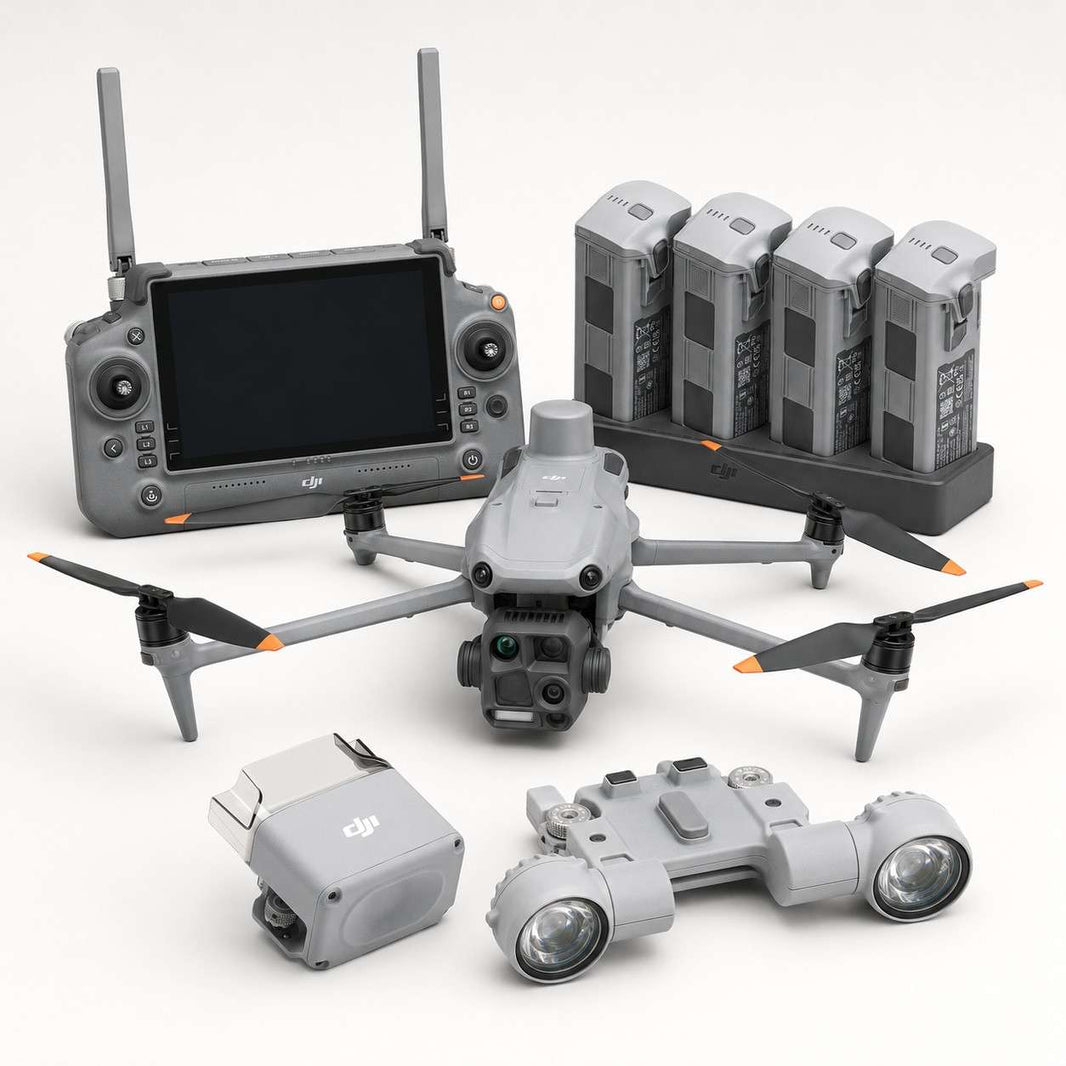DJI Matrice 4T thermal drone bundle with spotlight, speaker, remote controller, four batteries, and charging hub on a white background.