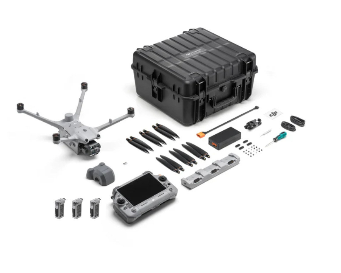DJI Matrice 4TD Fly More 3-Battery Combo with aircraft, RC Plus 2 controller, three flight batteries, hard case, propellers, charging hub, and accessories
