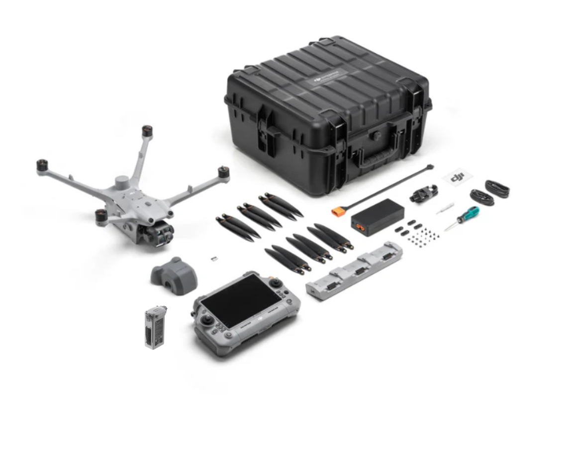 DJI Matrice 4TD Fly More Combo contents including aircraft, RC Plus 2 controller, flight batteries, hard case, propellers, charging hub, and accessories