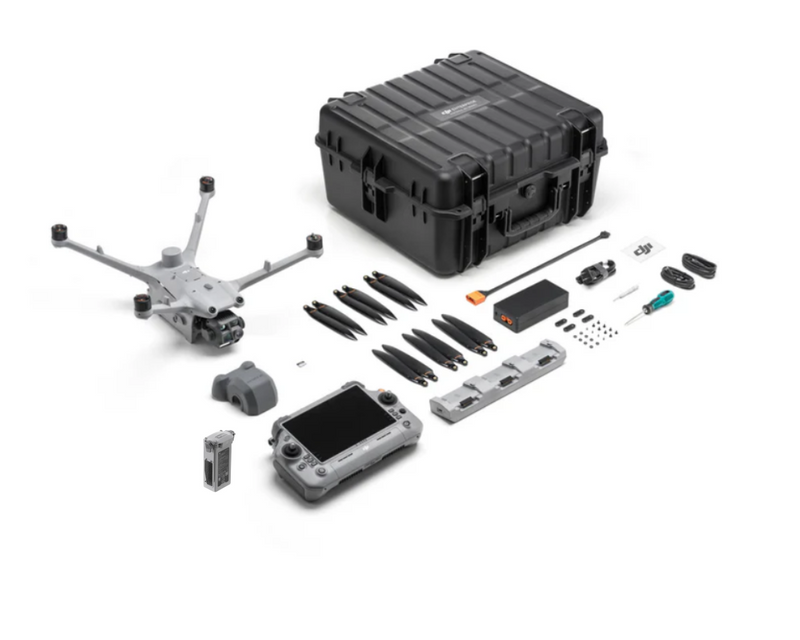 DJI Matrice 4TD Fly More Combo contents including aircraft, RC Plus 2 controller, flight batteries, hard case, propellers, charging hub, and accessories