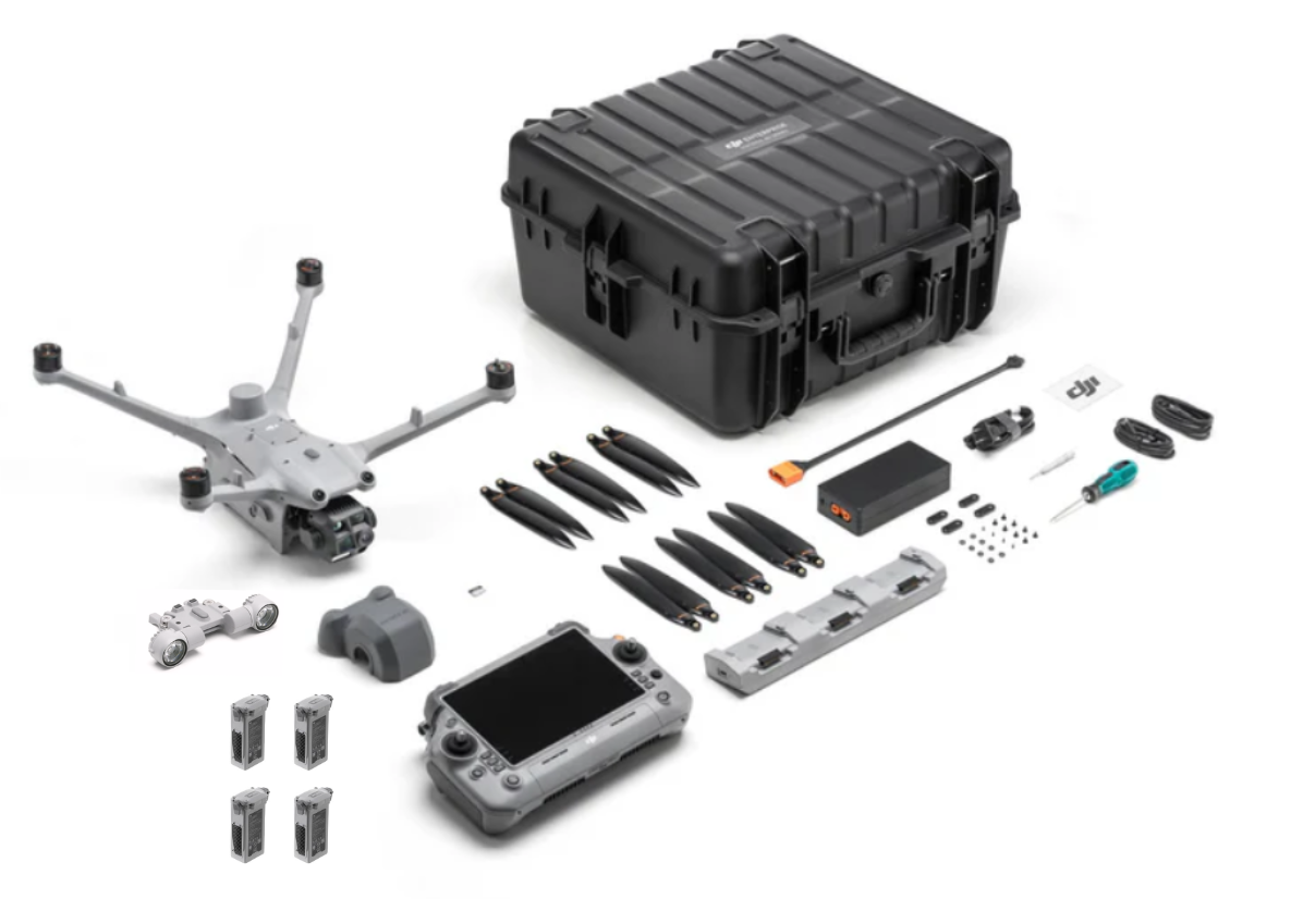 DJI Matrice 4TD NightTracker Wildlife Recovery Kit 4-battery configuration complete contents including thermal drone RC Plus 2 enterprise controller four flight batteries DJI AL1 spotlight 240W charging hub hard case propellers and accessories best price from Covert Drones