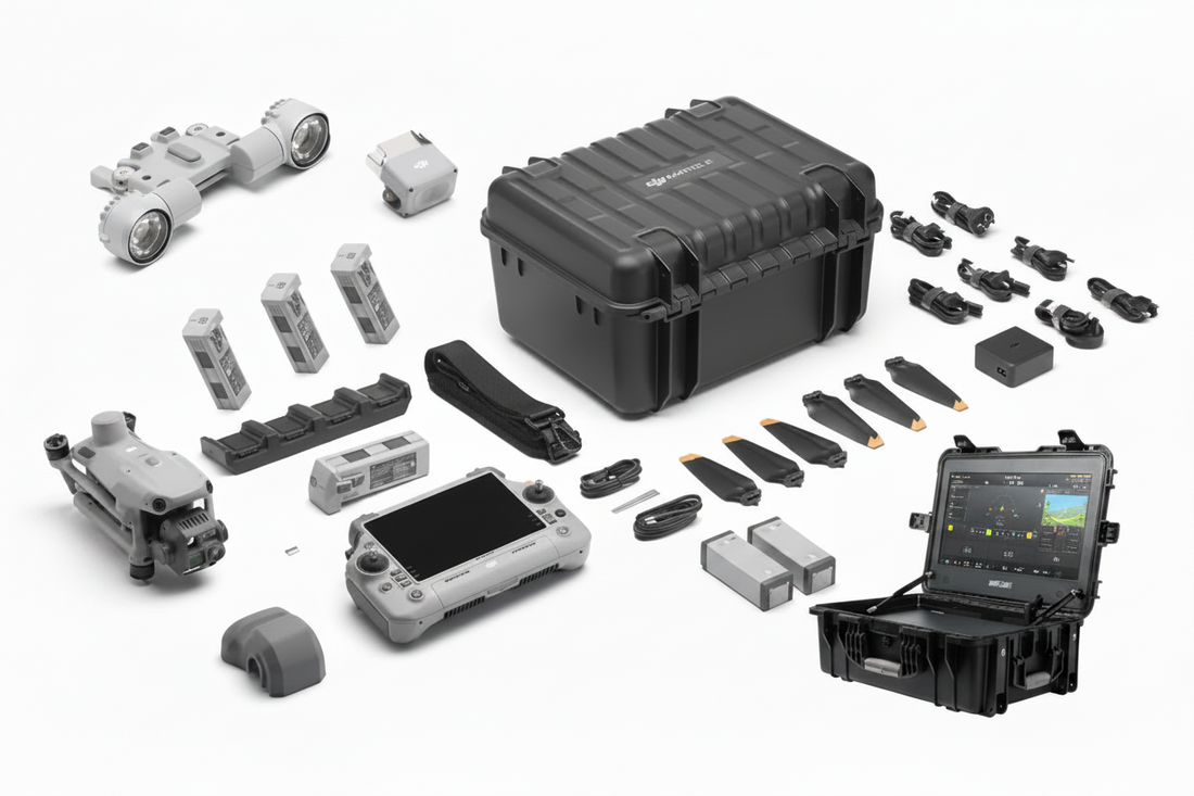 
DJI Matrice 4T Wildlife &amp; Deer Recovery Bundle displayed with drone, remote controller, high-resolution monitor, speaker, spotlight module, multiple TB-series Intelligent Batteries, Intelligent Battery Charging Station, rugged carrying case, propeller sets, and strobe/beacon light, optimized for wildlife tracking and animal recovery operations.