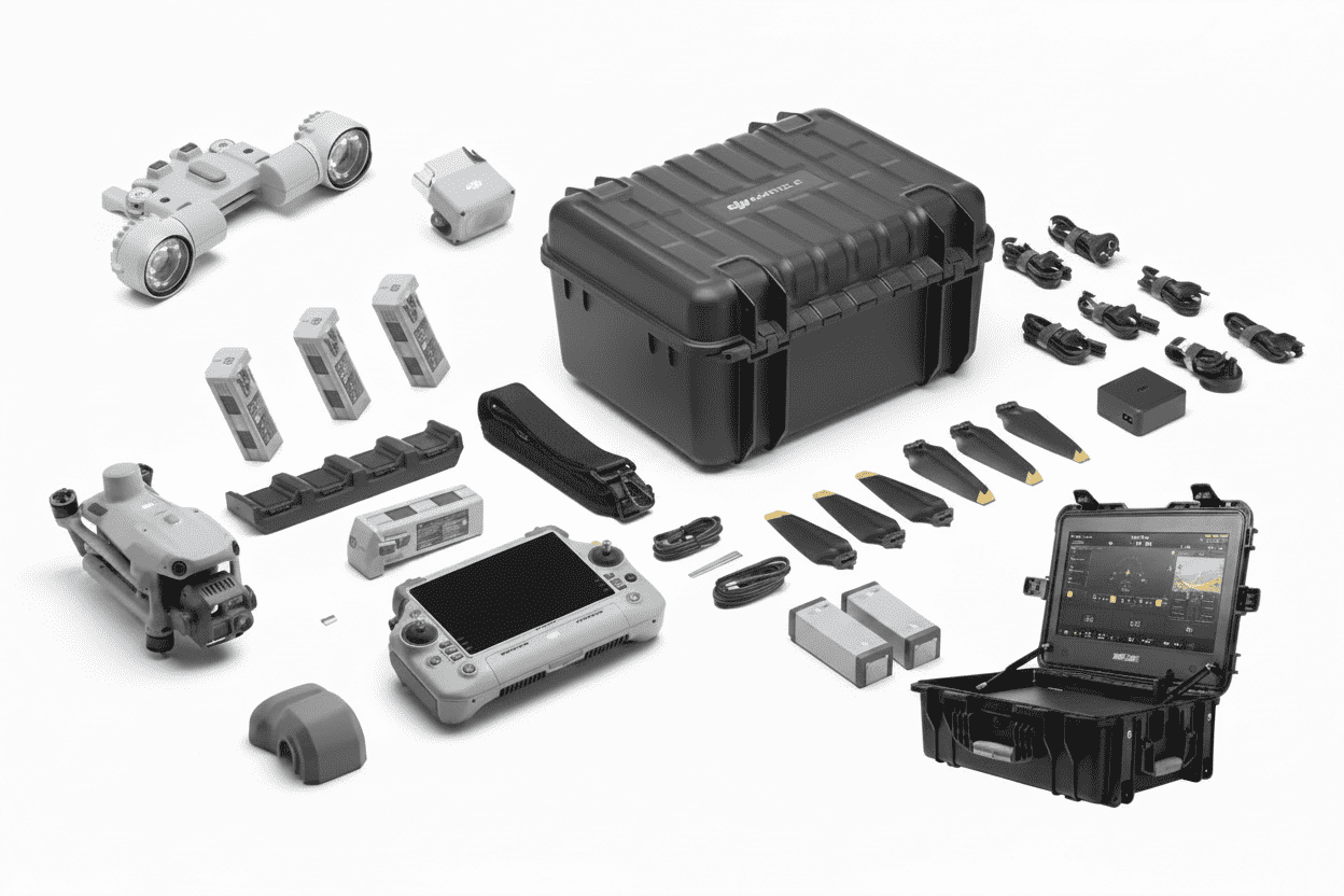 
DJI Matrice 4T Wildlife & Deer Recovery Bundle displayed with drone, remote controller, high-resolution monitor, speaker, spotlight module, multiple TB-series Intelligent Batteries, Intelligent Battery Charging Station, rugged carrying case, propeller sets, and strobe/beacon light, optimized for wildlife tracking and animal recovery operations.