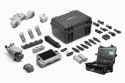 
DJI Matrice 4T Wildlife &amp; Deer Recovery Bundle displayed with drone, remote controller, high-resolution monitor, speaker, spotlight module, multiple TB-series Intelligent Batteries, Intelligent Battery Charging Station, rugged carrying case, propeller sets, and strobe/beacon light, optimized for wildlife tracking and animal recovery operations.