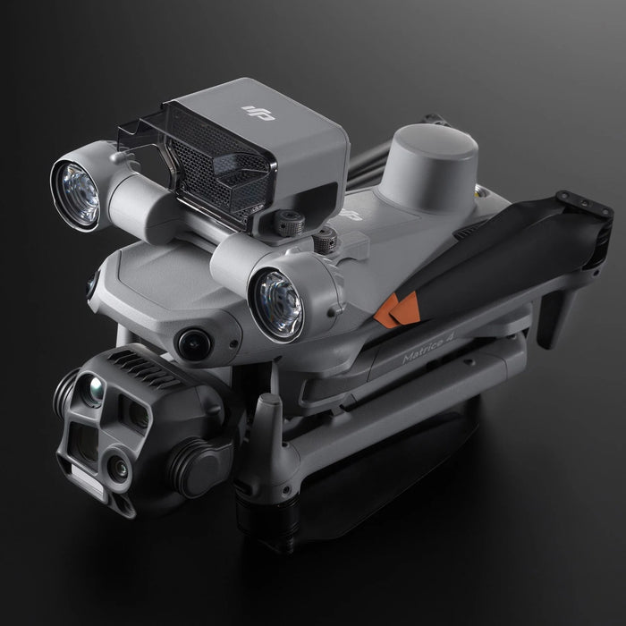 DJI AS1 Speaker mounted on DJI Matrice 4 Series drone for aerial audio broadcasting