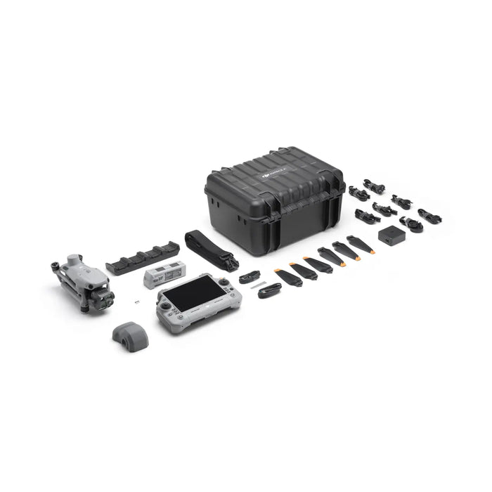 Standard items included with the DJI Matrice 4T: the drone, RC Pro Enterprise Controller, multiple TB-series Intelligent Batteries, Intelligent Battery Charging Station, rugged carrying case, propeller sets, and strobe/beacon light, all neatly arranged for the DJI Matrice 4T Wildlife & Deer Recovery Bundle.