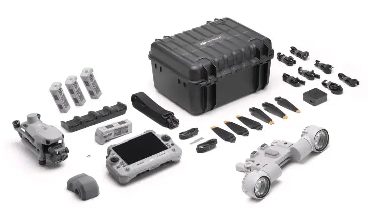 DJI Matrice 4T deer recovery kit laid out showing drone controller four batteries hard case propellers spotlight module and all included accessories