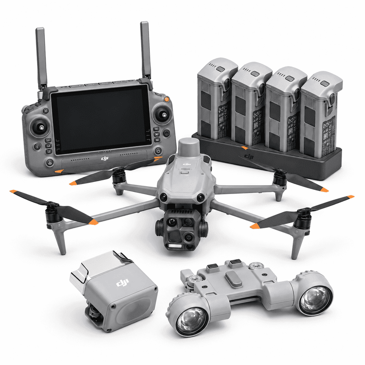 DJI Matrice 4T thermal drone with controller, four batteries, charging hub, AL1 Spotlight and AS1 Speaker on a white background.