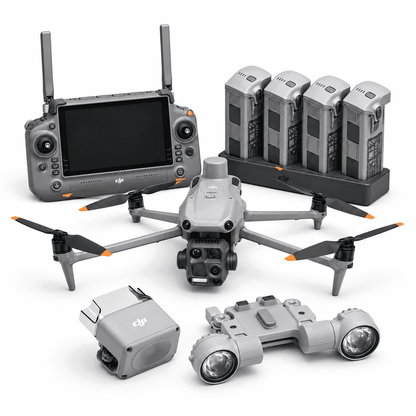 DJI Matrice 4T thermal drone with controller, four batteries, charging hub, AL1 Spotlight and AS1 Speaker on a white background.
