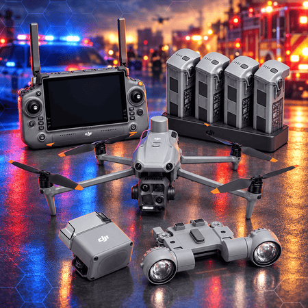 DJI Matrice 4T drone, controller, four batteries, charging hub, AL1 Spotlight and AS1 Speaker with police and fire vehicles in the background.
