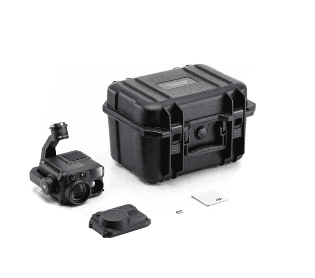 DJI Zenmuse H30T camera payload beside its protective carrying case and accessories on a white background