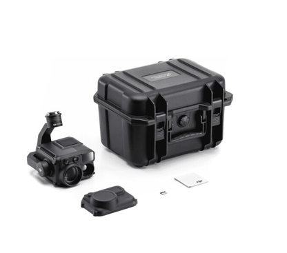 DJI Zenmuse H30T camera payload beside its protective carrying case and accessories on a white background