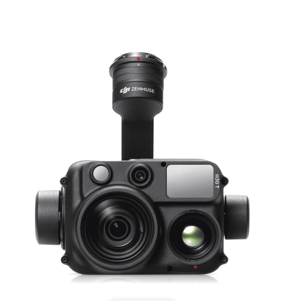 Front view of the DJI Zenmuse H30T thermal camera payload with multiple sensors and three-axis gimbal on a white background