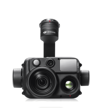 Front view of the DJI Zenmuse H30T thermal camera payload with multiple sensors and three-axis gimbal on a white background