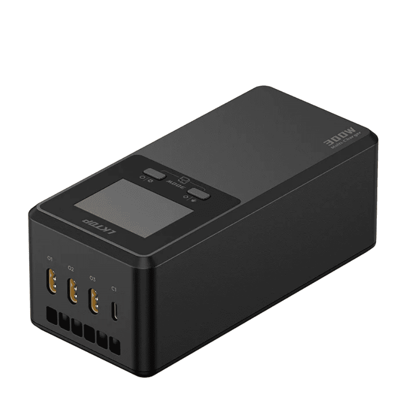 Black LKTOP 300W charging hub showing its display, controls, and connection ports on a white background