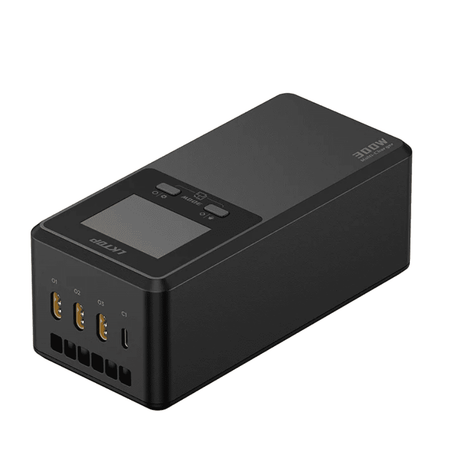 Black LKTOP 300W charging hub showing its display, controls, and connection ports on a white background