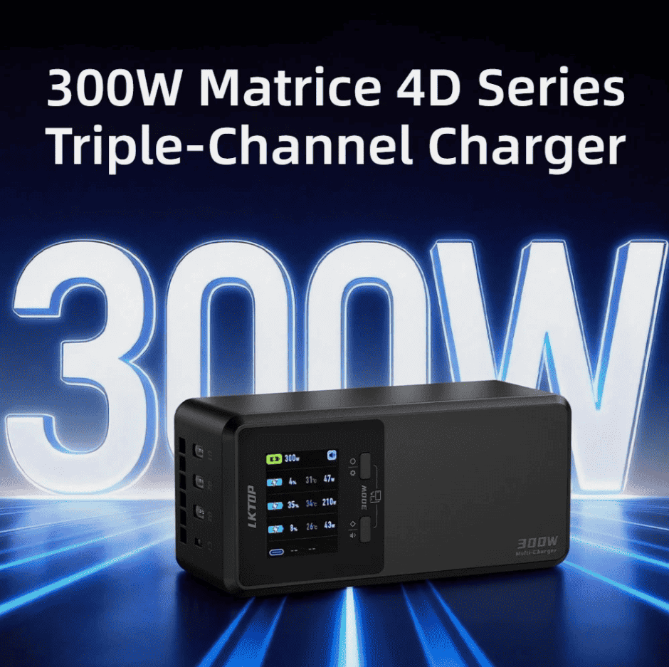 LKTOP charging hub on a blue promotional background with text identifying it as a 300W Matrice 4D Series triple-channel charger