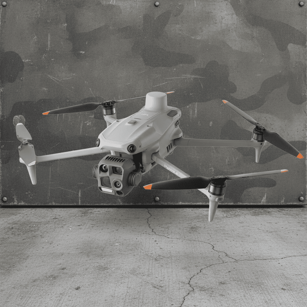 A light gray quadcopter drone with black and orange-tipped propellers, hovering in front of a distressed camouflage metal wall and concrete floor.