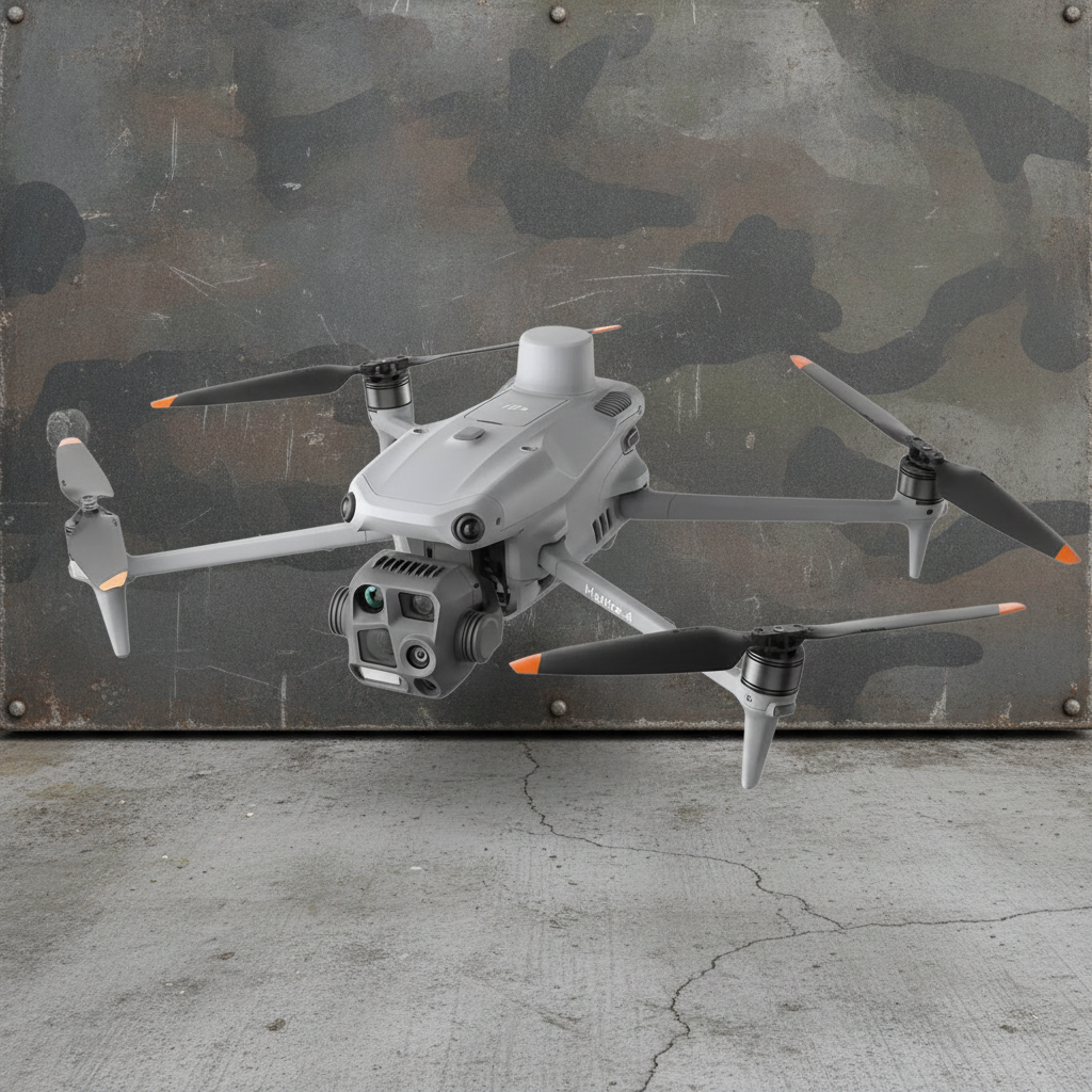 A light gray quadcopter drone with black and orange-tipped propellers, hovering in front of a distressed camouflage metal wall and concrete floor.