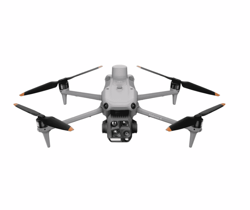 Matrice 4T thermal drone with multisensor camera and orange tipped propellers on a white background