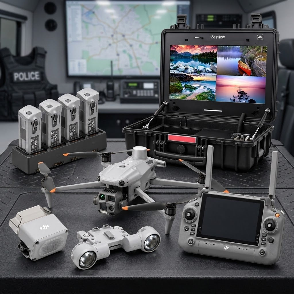 A DJI drone setup displayed on a table inside a control room or vehicle interior. The scene includes a light gray quadcopter drone, a handheld controller, a hard-mounted monitor screen, a small ground sensor, a battery charger with four batteries, and a police vest in the background.