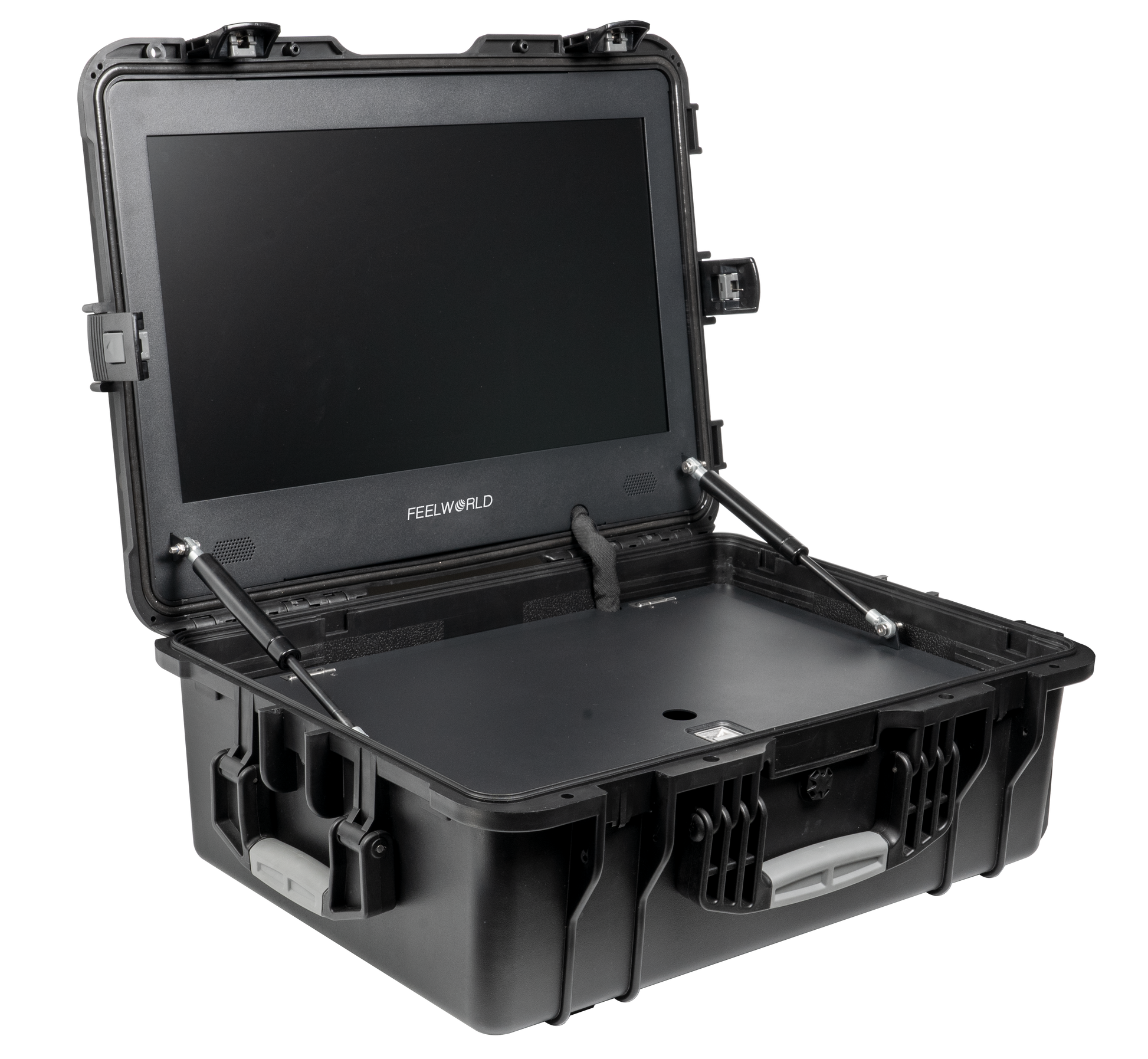Side view of the Covert Tactical Vision 21.5” Field Monitor open, showcasing its slim profile and rugged tactical-grade design on a white background.