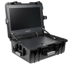 Side view of the Covert Tactical Vision 21.5” Field Monitor open, showcasing its slim profile and rugged tactical-grade design on a white background.