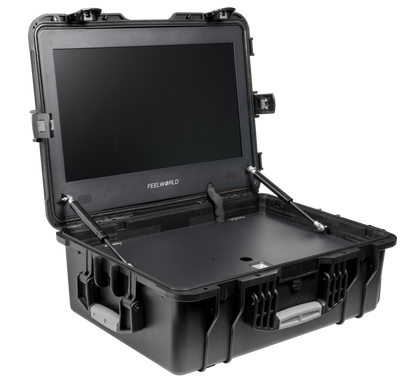 Side view of the Covert Tactical Vision 21.5” Field Monitor open, showcasing its slim profile and rugged tactical-grade design on a white background.