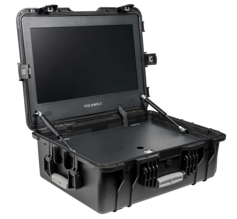 Side view of the Covert Tactical Vision 21.5” Field Monitor open, showcasing its slim profile and rugged tactical-grade design on a white background.
