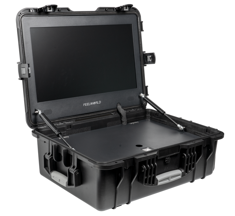 Side view of the Covert Tactical Vision 21.5” Field Monitor open, showcasing its slim profile and rugged tactical-grade design on a white background.