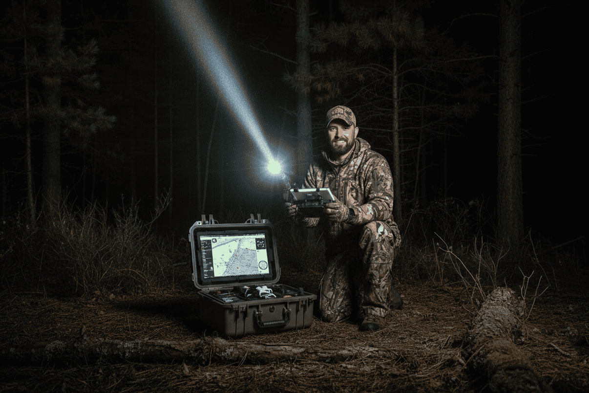 Hunter with controller and hard case at night